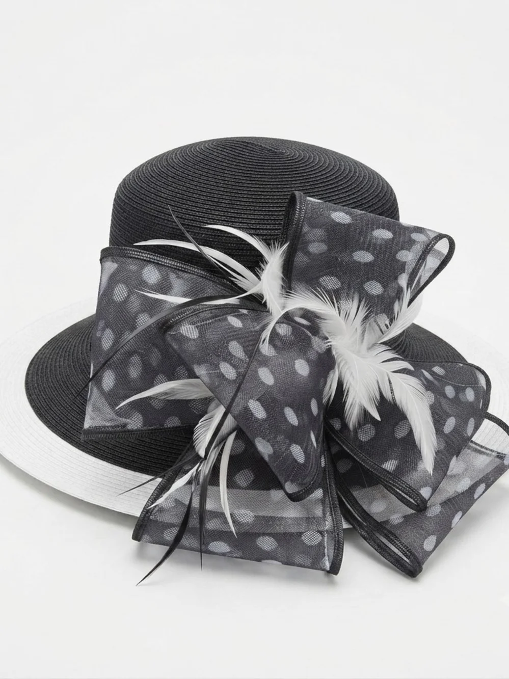 Classic Black Wide-Brim Fedora Hat with Polka-Dot Bow